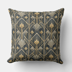 Cojín Decorativo Patrón geométrico Art Déco en oro y negro carbón