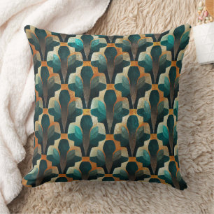 Cojín Decorativo Patrón geométrico Art Deco verde azulado y dorado