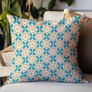 Cojín Decorativo Patrón geométrico floral naranja aqua teñido retro