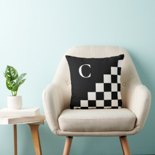 Cojín Decorativo Patrón geométrico negrita Monograma blanco negro
