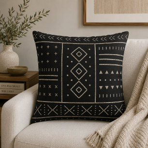 Cojín Decorativo Patrón geométrico tribal de marfil negro Boho mo