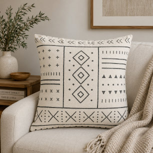 Cojín Decorativo Patrón geométrico tribal de marfil negro Boho mo