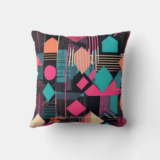 Cojín Decorativo patrón geométrico vibrante verde azulado y mostaza (Reverso)