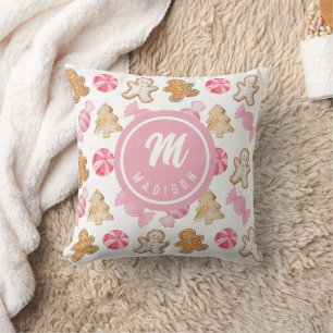Cojín Decorativo Patrón Gingerbread y Azúcar Rosa Personalizado