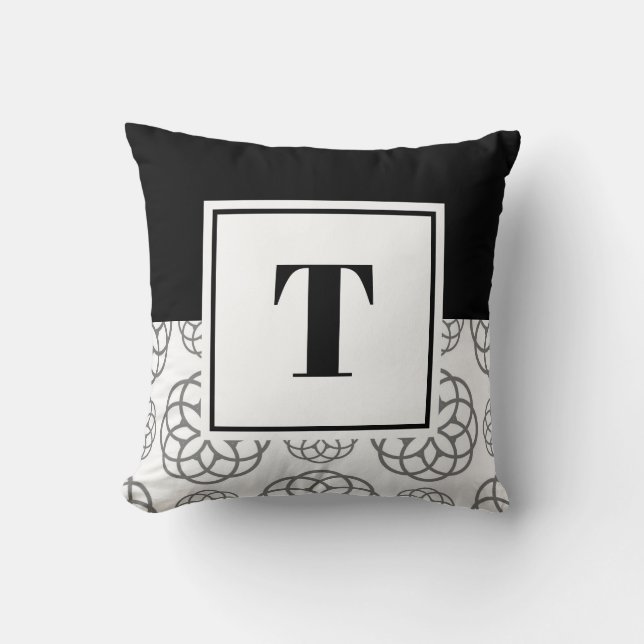 Cojín Decorativo Patrón gris blanco y negro monogramado (Anverso)