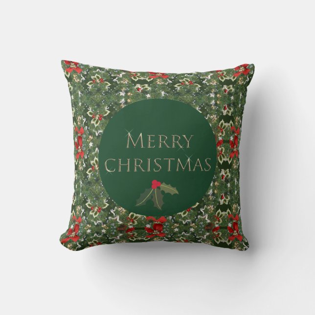 Cojín Decorativo Patrón Holly Plaza de Navidades verdes y rojos (Anverso)