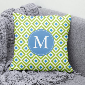 Cojín Decorativo Patrón Ikat de diamantes azul verde monogramado
