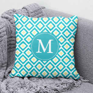 Cojín Decorativo Patrón Ikat de diamantes de limón de Aqua monogram