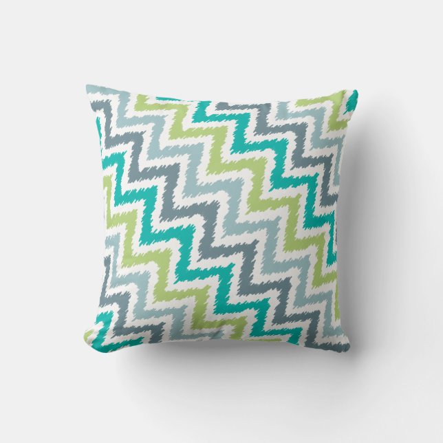 Cojín Decorativo Patrón Ikat de Zigzag Verde Gris Azul (Anverso)