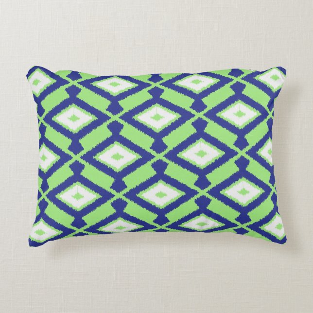 Cojín Decorativo Patrón Ikat - Verde, Azul índigo y Blanco (Anverso)