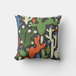 Cojín Decorativo patrón ininterrumpido con cactus sobre fondo negro