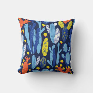 Cojín Decorativo patrón ininterrumpido vintage con cactus en azul o