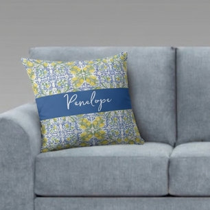 Cojín Decorativo Patrón italiano mediterráneo azul cítrico limón