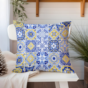 Cojín Decorativo Patrón mediterráneo amarillo y azul moda al aire l