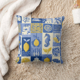 Cojín Decorativo Patrón Mediterráneo de Baldosas Limón Costero