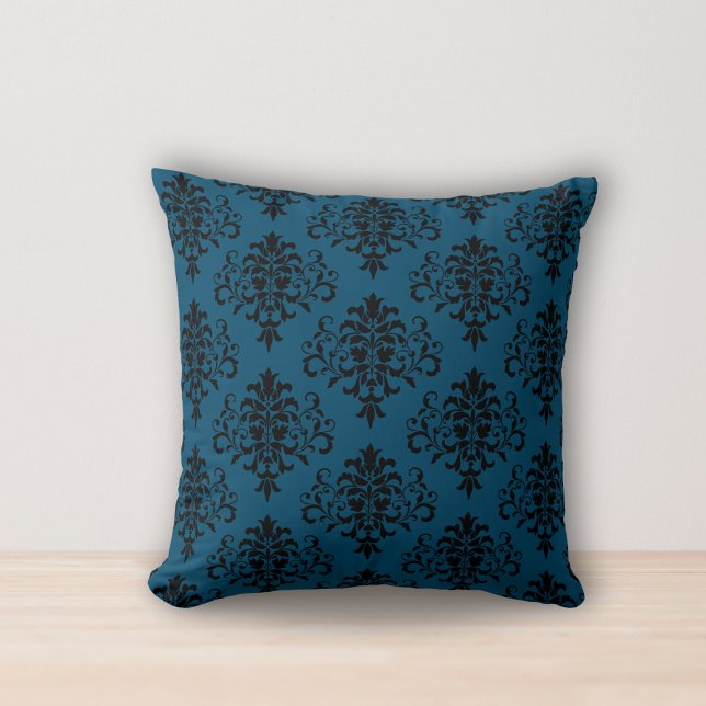 Cojín Decorativo Patrón moderno de damasco negro azul océano (Subido por el creador)