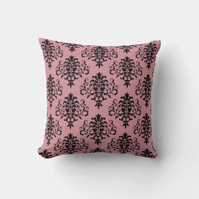 Cojín Decorativo Patrón moderno de Damasco negro rosado (Anverso)