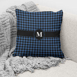 Cojín Decorativo Patrón Monograma Blue & Black Gingham Plaid Checks
