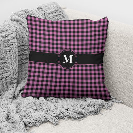 Cojín Decorativo Patrón Monograma Negro Rosa Gingham Plaid Verifica