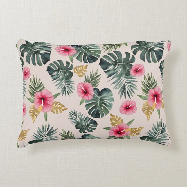 Cojín Decorativo Patrón Monstera e Hibiscus (Anverso)