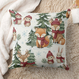 Cojín Decorativo Patrón Navideño de Animales del Bosque Invernal Ad