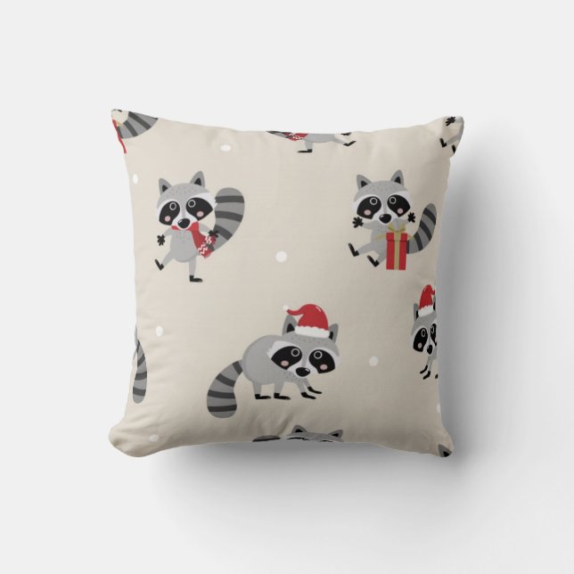 Cojín Decorativo Patrón Navideño de Mapache Lindo (Anverso)