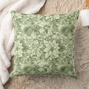 Cojín Decorativo Patrón Navideño de Toile Verde Poinsettia