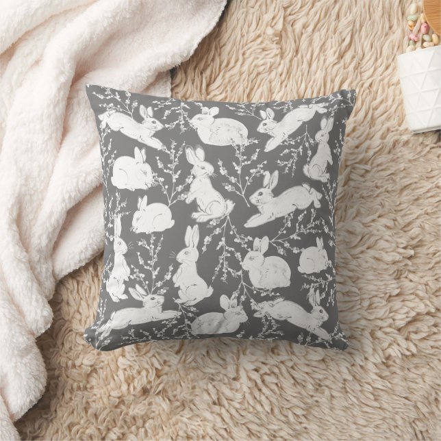 Cojín Decorativo Patrón neutro de arándano de conejo blanco gris (Manta)