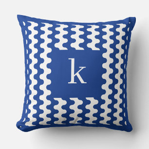 Cojín Decorativo Patrón Ondulado Azul Cobalto Negrita Monograma