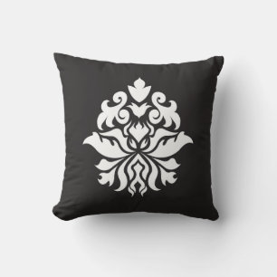 Cojín Decorativo Patrón Ornate de Damasco - blanco sobre negro