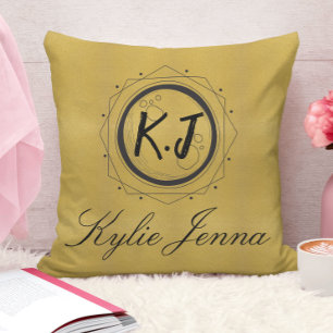 Cojín Decorativo patrón oro elegante negro monogramado