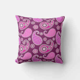 Cojín Decorativo Patrón paisley, fucsia rosa, púrpura y blanca
