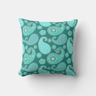 Cojín Decorativo Patrón paisley, turquesa, acuática y blanco