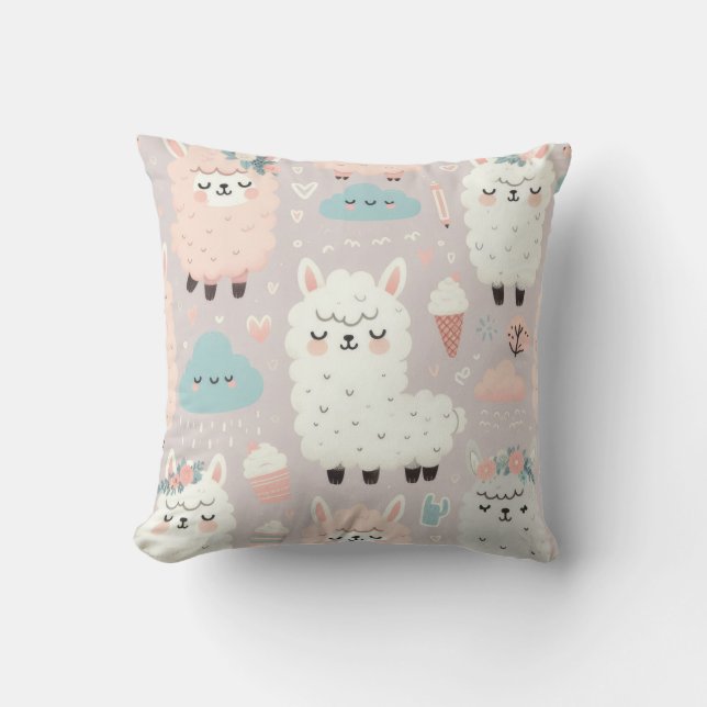 Cojín Decorativo Patrón Pastel Cute Alpaca (Anverso)