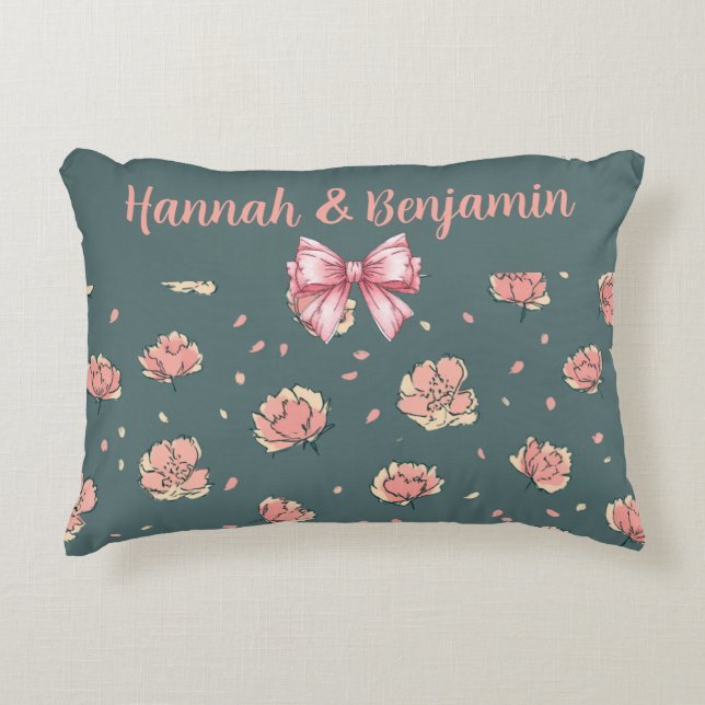 Cojín Decorativo Patrón Peony Rosa y Bow (Anverso)