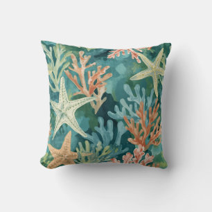 Cojín Decorativo Patrón Playero de Coral y Estrella de Mar