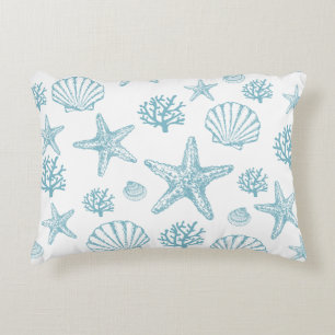 Cojín Decorativo Patrón Playero Estrella de Mar Caracola Verde Azul