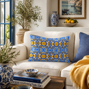 Cojín Decorativo Patrón portugués azul y amarillo mediterráneo