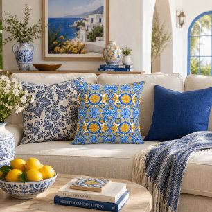Cojín Decorativo Patrón portugués azul y amarillo mediterráneo