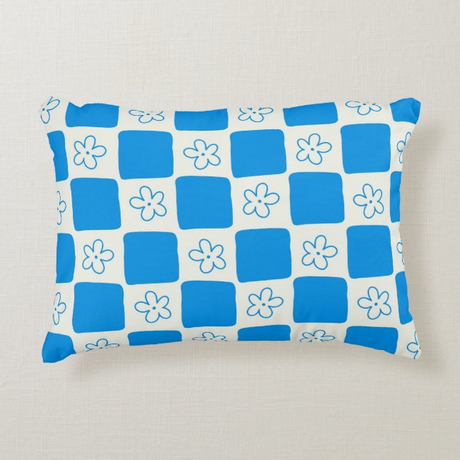 Cojín Decorativo Patrón Preppy Blue Flower Checkpoint (Anverso)