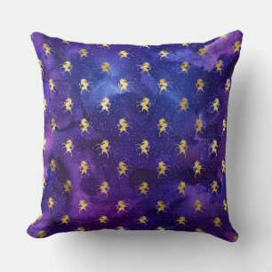 Cojín Decorativo Patrón púrpura acuarela con unicornio dorado