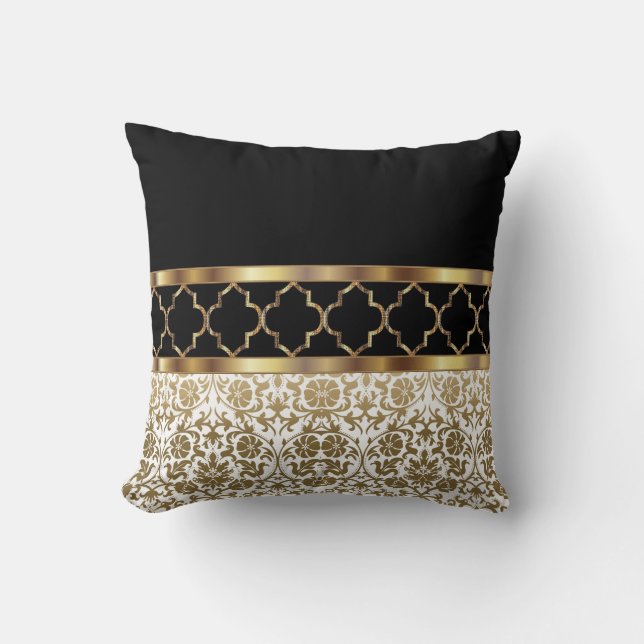 Cojín Decorativo Patrón Quatrefoil blanco, negro y dorado y Damask (Anverso)