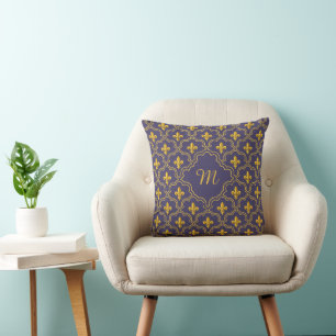 Cojín Decorativo Patrón Real de Flor de Lis Púrpura y Dorado