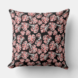 Cojín Decorativo Patrón Repetidor De Salamandra Y Hojas Rosa