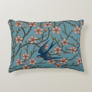 Cojín Decorativo Patrón Retro de Golondrina Floral Azul de Walter C