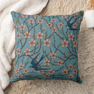 Cojín Decorativo Patrón Retro de Golondrina Floral Azul de Walter C