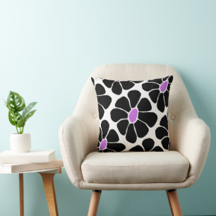 Cojín Decorativo Patrón Retro de Margarita Negro y Púrpura
