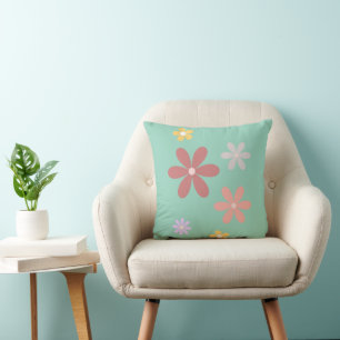 Cojín Decorativo Patrón Retro de Margaritas Fondo Verde Turquesa