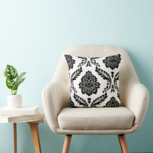 Cojín Decorativo Patrón Rococó Damask Desplazado Negro sobre Blanco