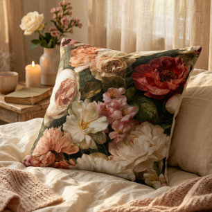 Cojín Decorativo Patrón Romántico de Peonía Rosa Acuarela Floral